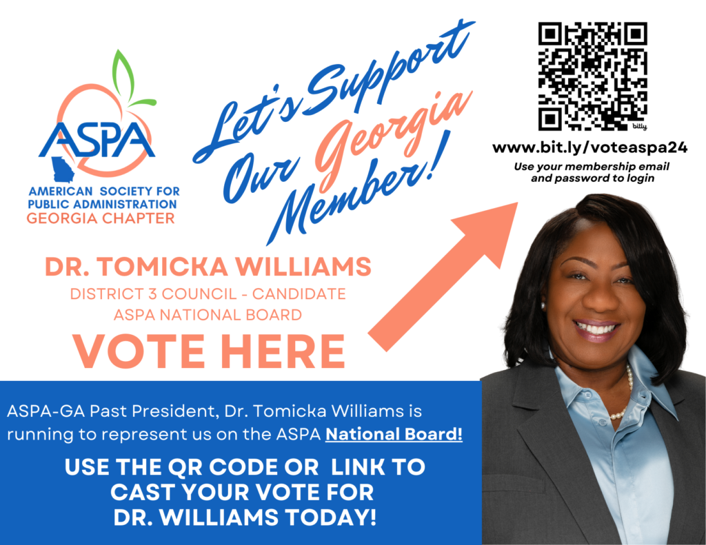 Vote for Tomicka Williams to ASPA National Board Flyer